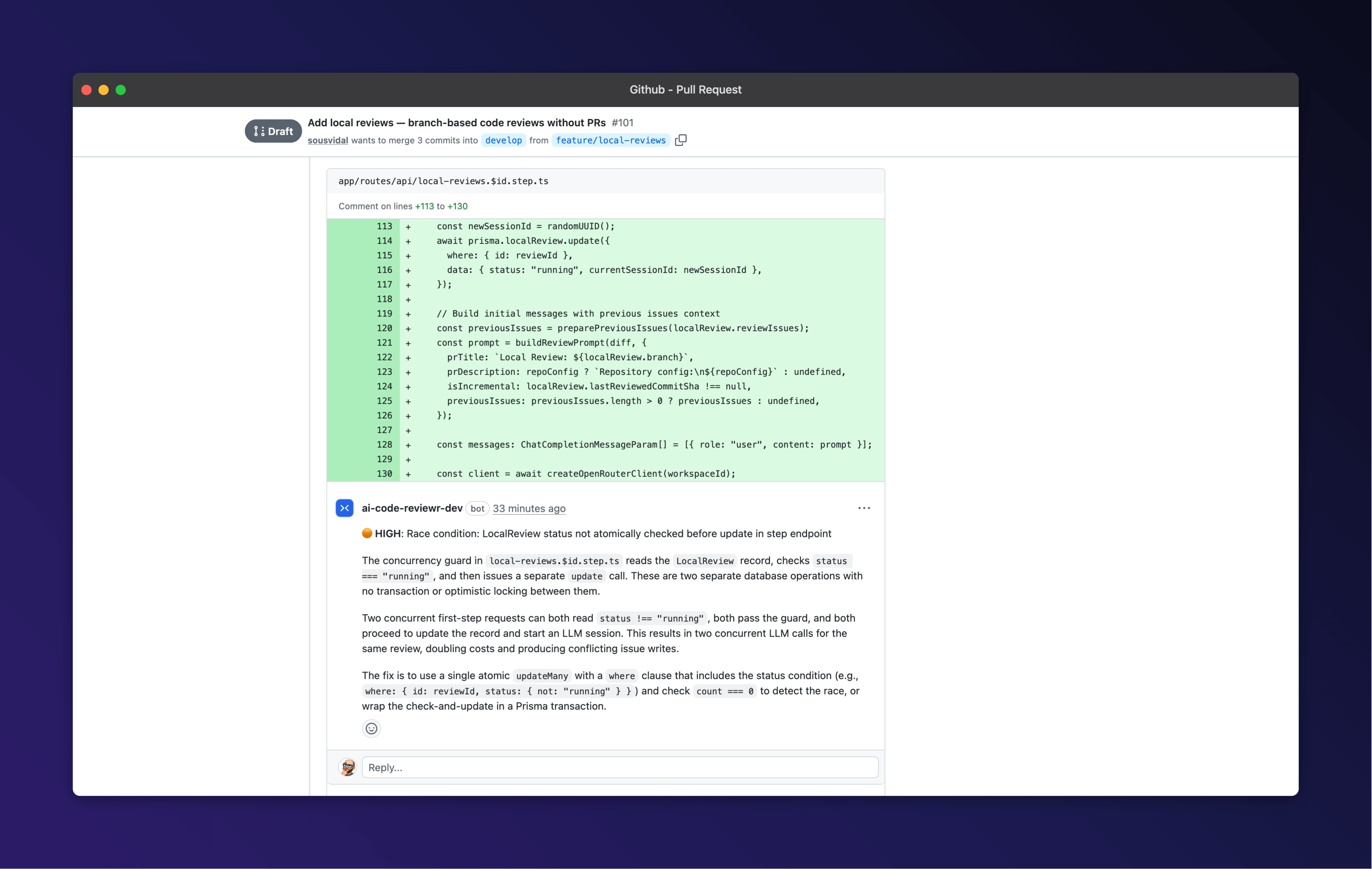AI review comment posted directly on a GitHub Pull Request